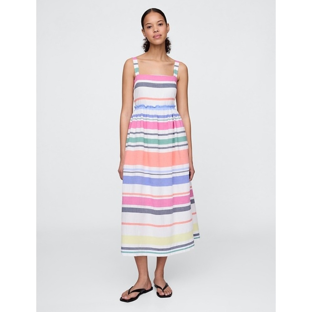 NEW Gap Multicolor Striped Smocked Midi Dress Small Rainbow 100% Cotton NWT